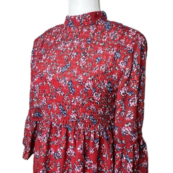 Mini Dress Boho Floral Smocked Semi Sheer Bell Sleeve Red Small City Triangles - Picture 5 of 17